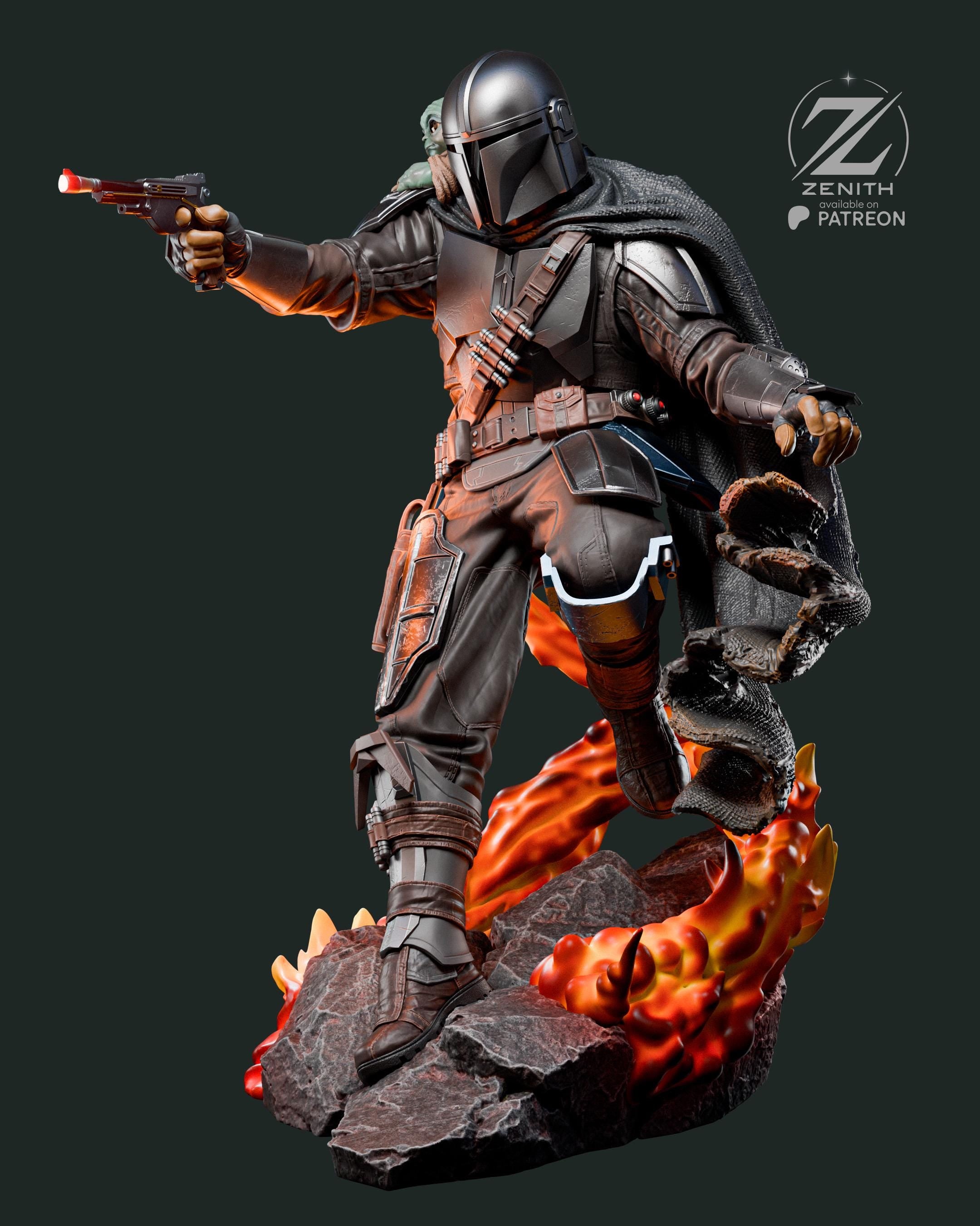 A Clan Of Two - Space Western Sci-Fi Duo Bounty Hunter Mandalorian And Grogu Resin Figure 16K