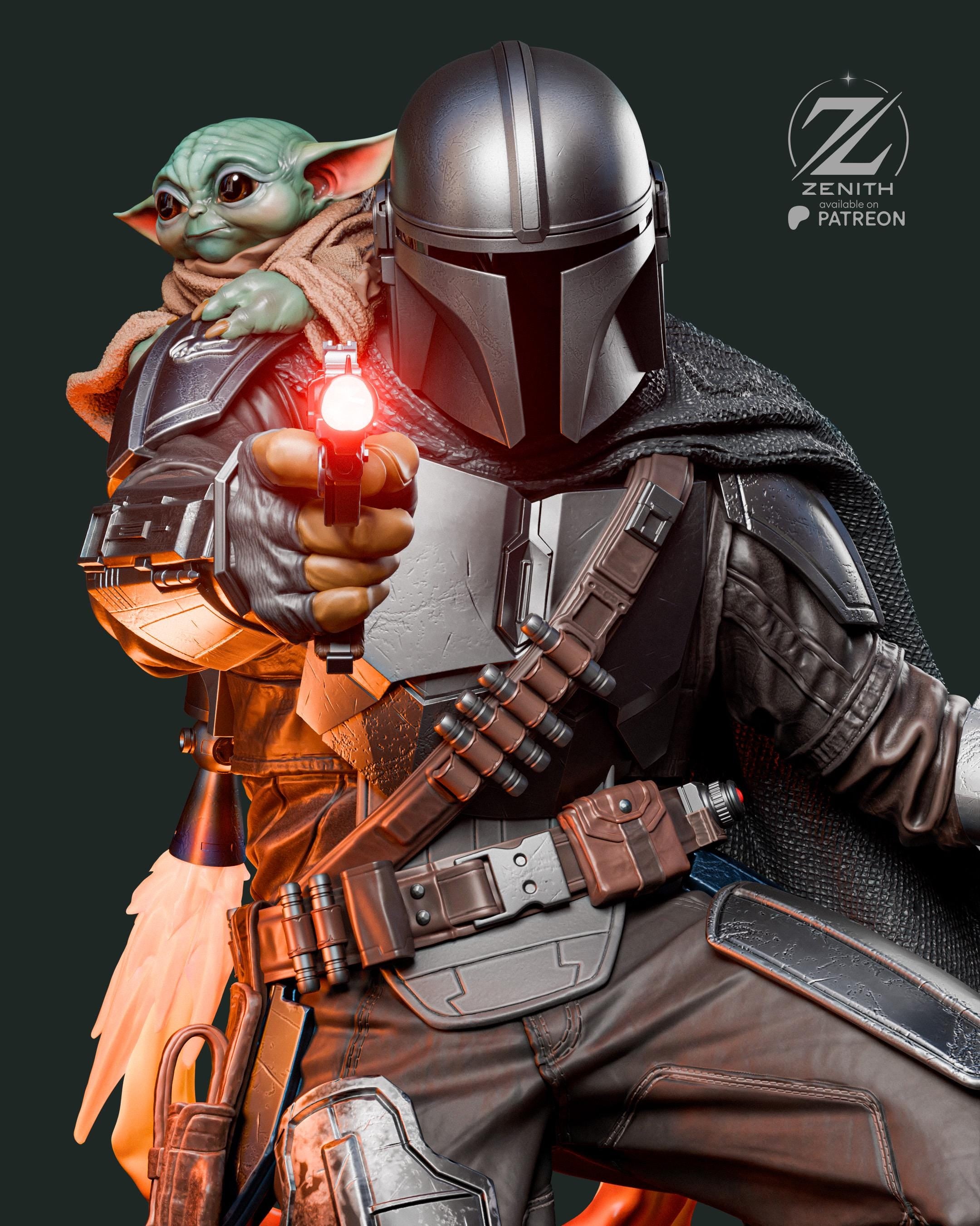 A Clan Of Two - Space Western Sci-Fi Duo Bounty Hunter Mandalorian And Grogu Resin Figure 16K