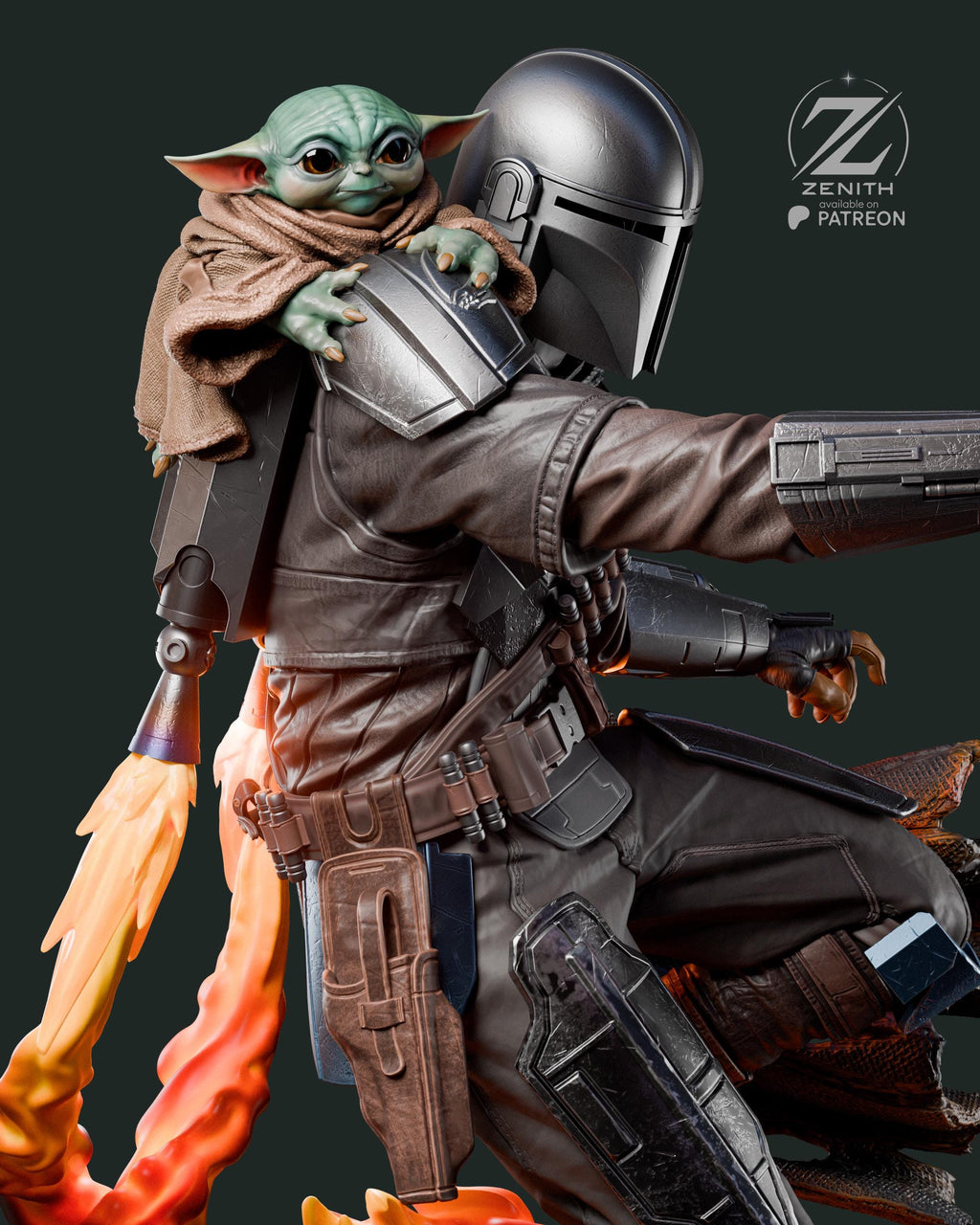 A Clan Of Two - Space Western Sci-Fi Duo Bounty Hunter Mandalorian And Grogu Resin Figure 16K