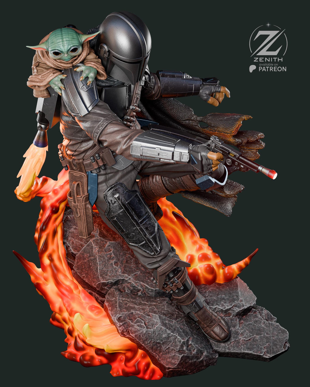 A Clan Of Two - Space Western Sci-Fi Duo Bounty Hunter Mandalorian And Grogu Resin Figure 16K