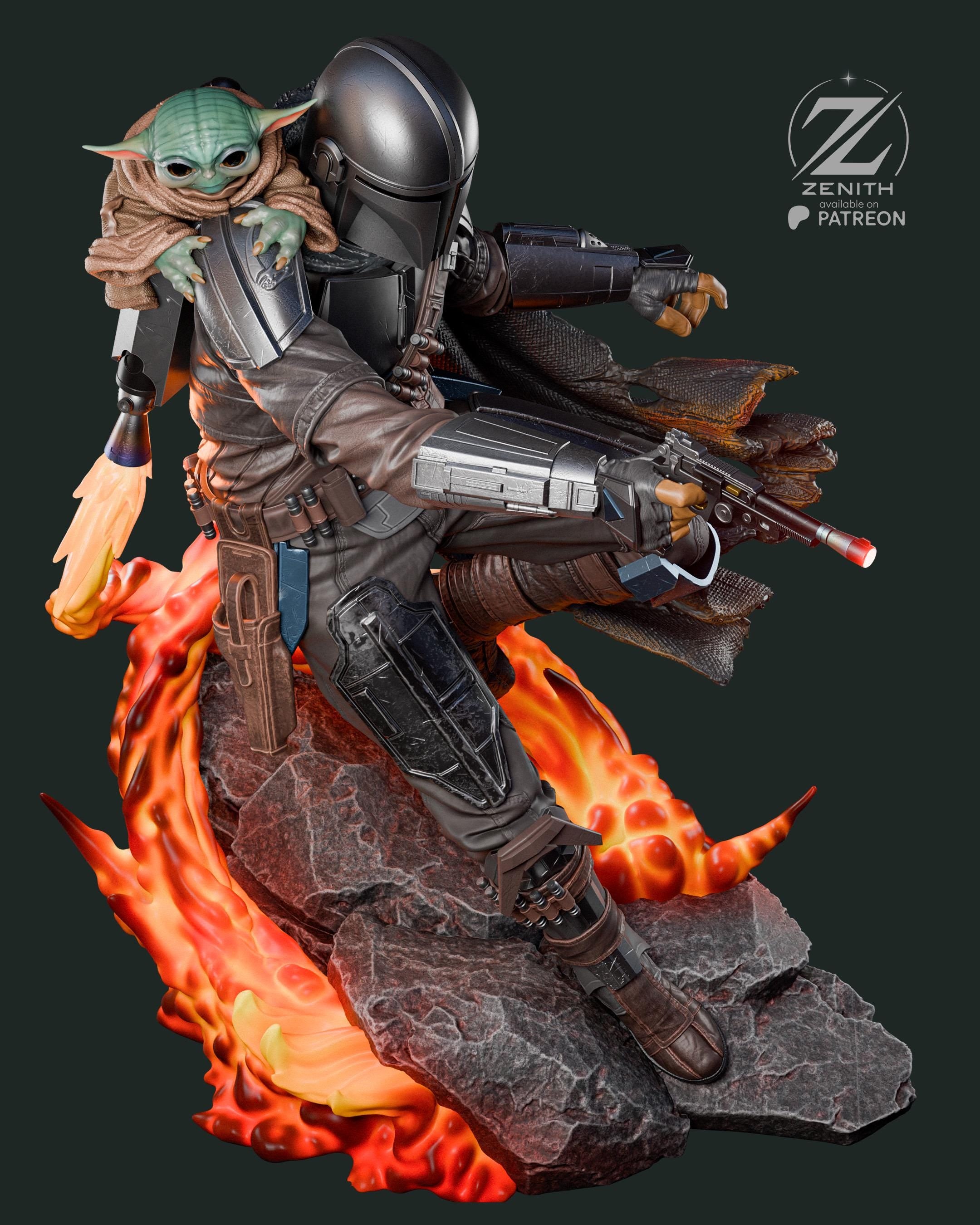 A Clan Of Two - Space Western Sci-Fi Duo Bounty Hunter Mandalorian And Grogu Resin Figure 16K