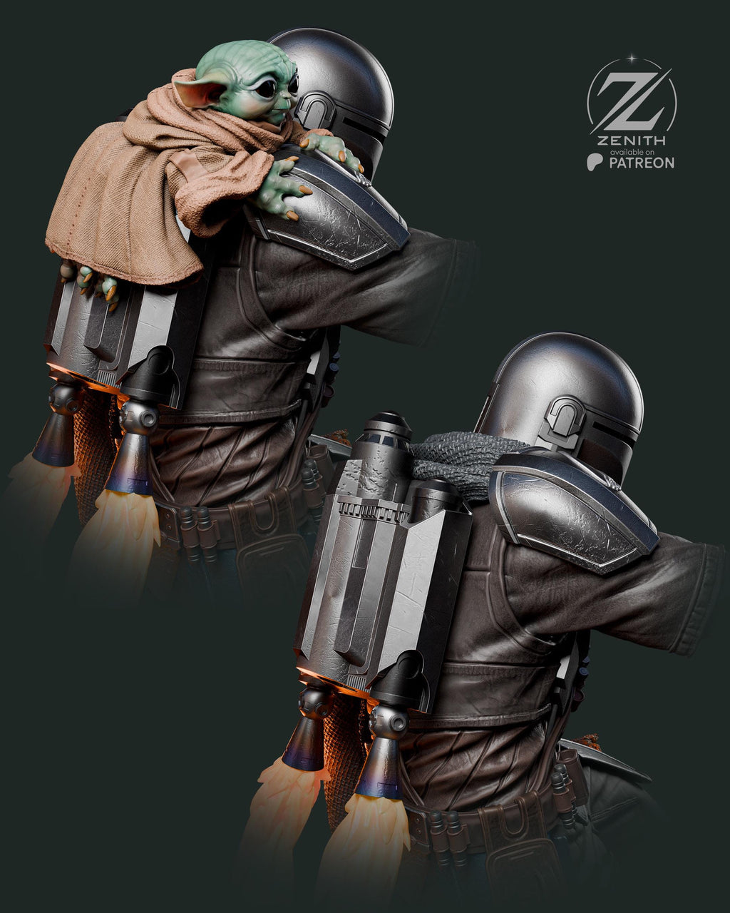 A Clan Of Two - Space Western Sci-Fi Duo Bounty Hunter Mandalorian And Grogu Resin Figure 16K