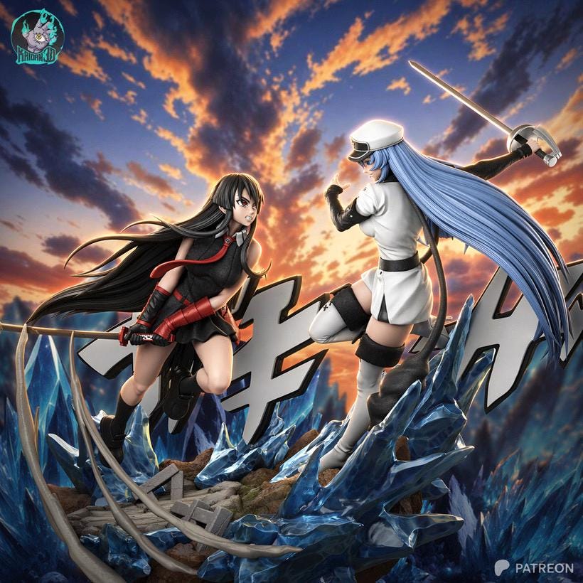 Crimson Blade, Frozen Throne - Anime Battle Diorama Female Warriors Akame Vs Esdeath Resin Figure 16K
