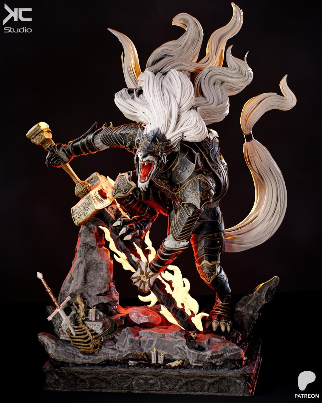 Guardian Of Destined Death - Dark Fantasy Wolf Warrior Black Blade Maliketh Resin Figure 16K