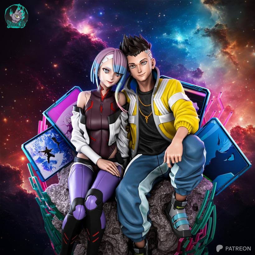 Moonlit Dreamers - Sci-fi Anime Cyberpunk Couple Neon Future Lucy & David Resin Figure 16K