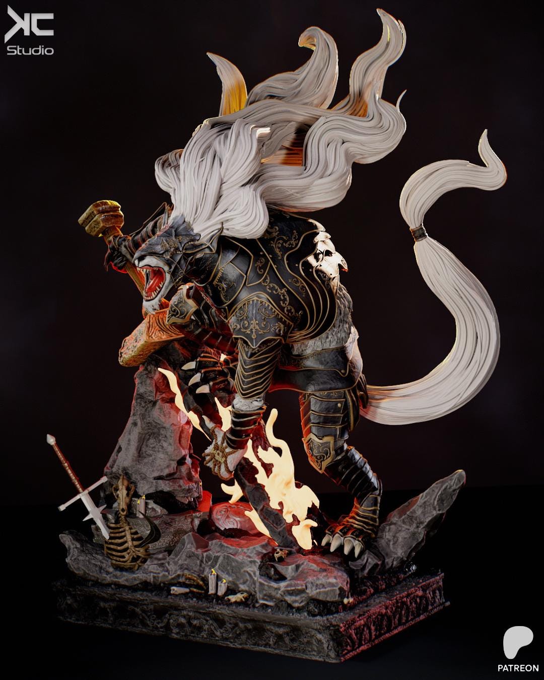 Guardian Of Destined Death - Dark Fantasy Wolf Warrior Black Blade Maliketh Resin Figure 16K