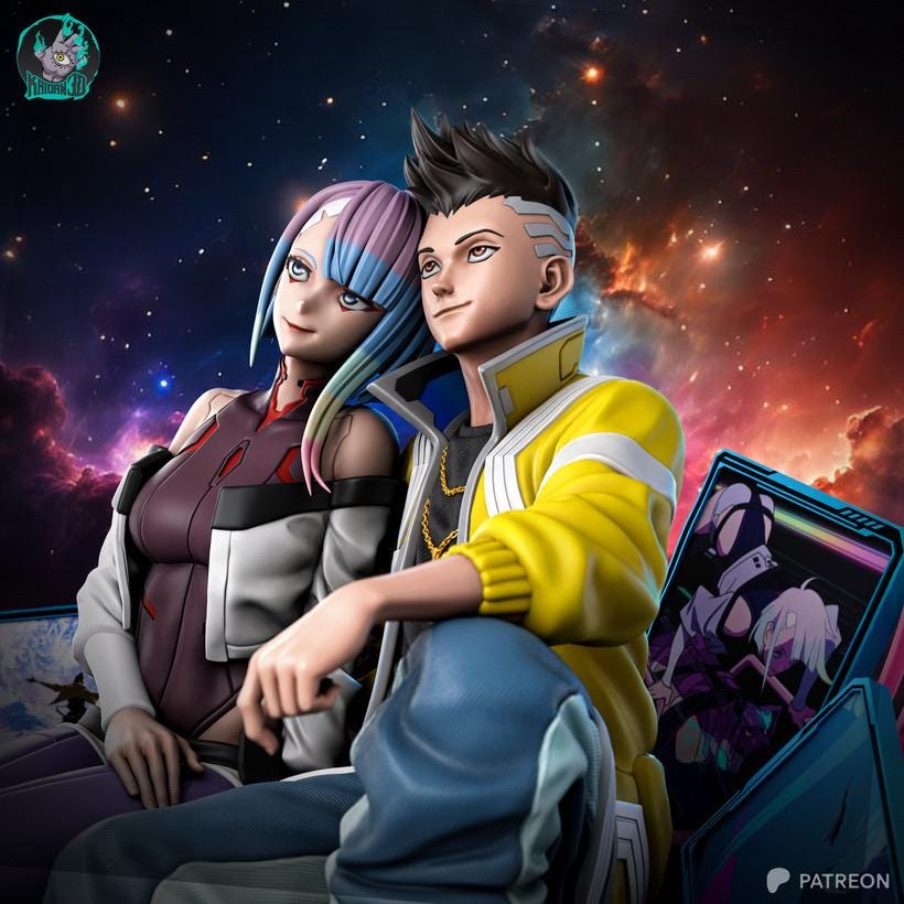 Moonlit Dreamers - Sci-fi Anime Cyberpunk Couple Neon Future Lucy & David Resin Figure 16K