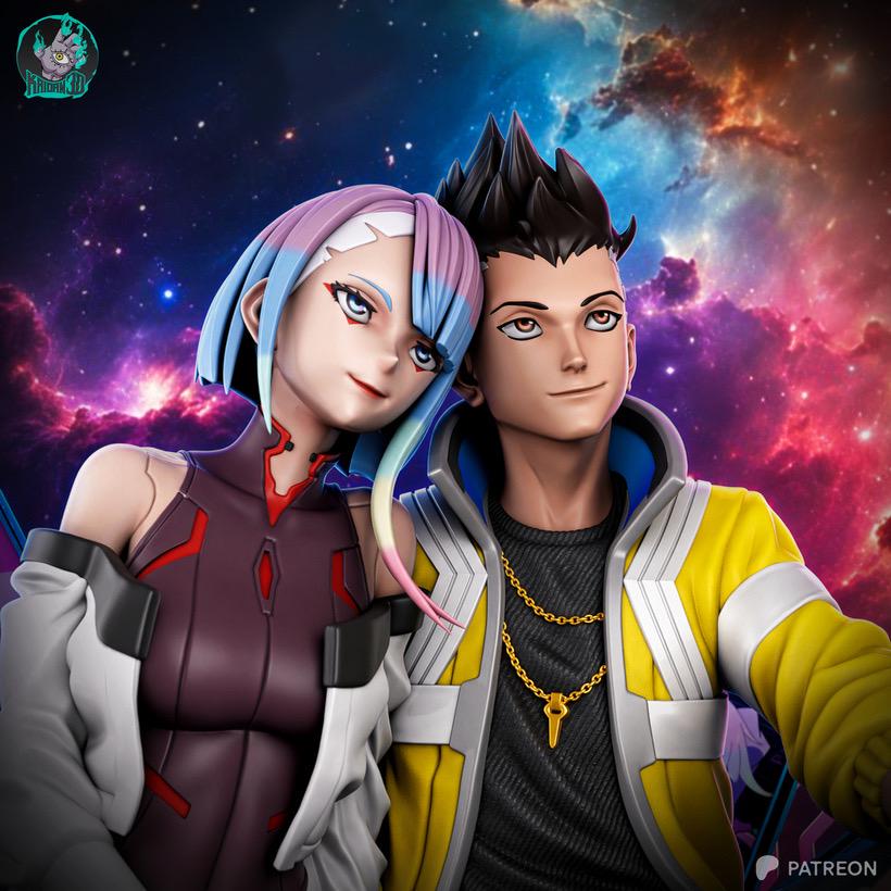 Moonlit Dreamers - Sci-fi Anime Cyberpunk Couple Neon Future Lucy & David Resin Figure 16K