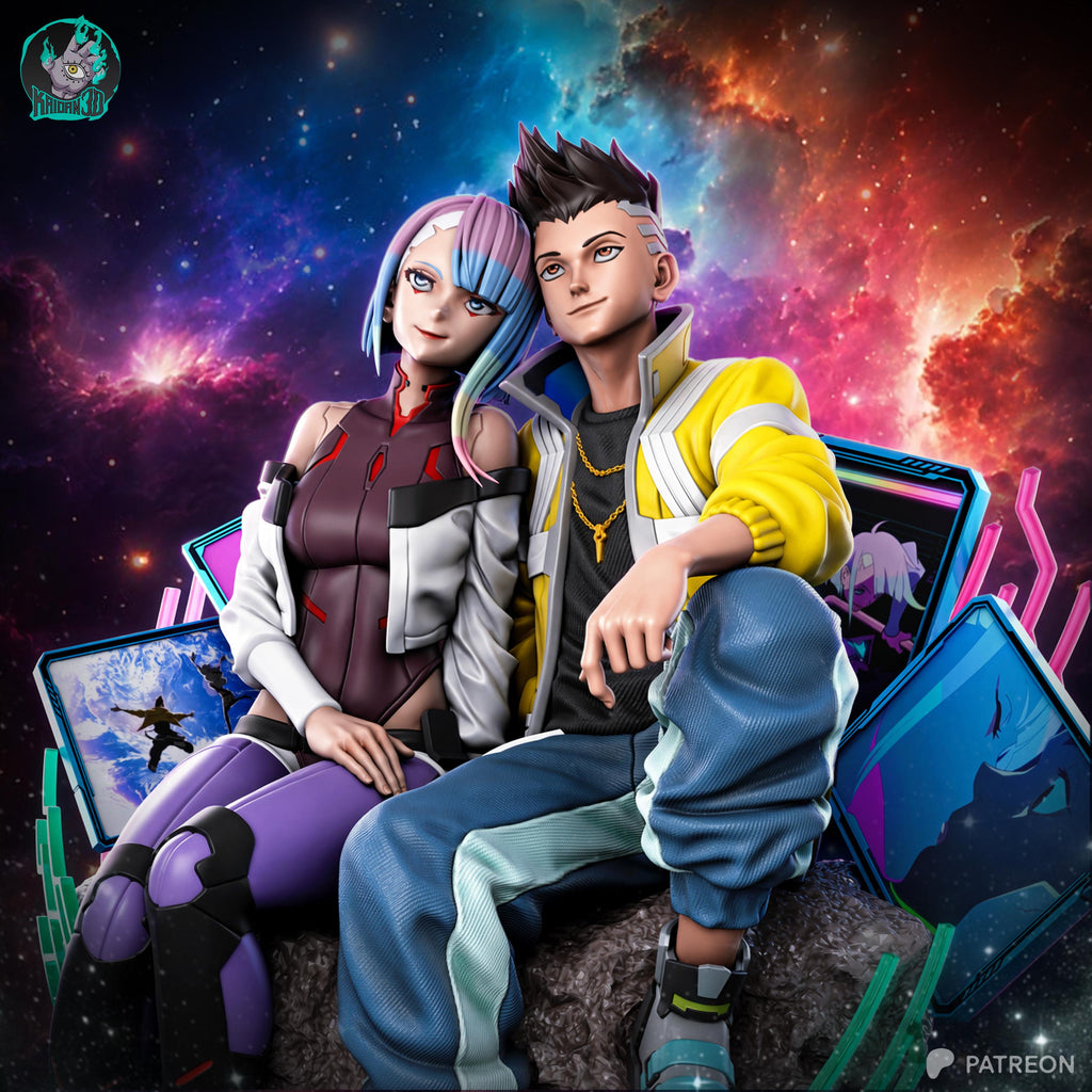 Moonlit Dreamers - Sci-fi Anime Cyberpunk Couple Neon Future Lucy & David Resin Figure 16K