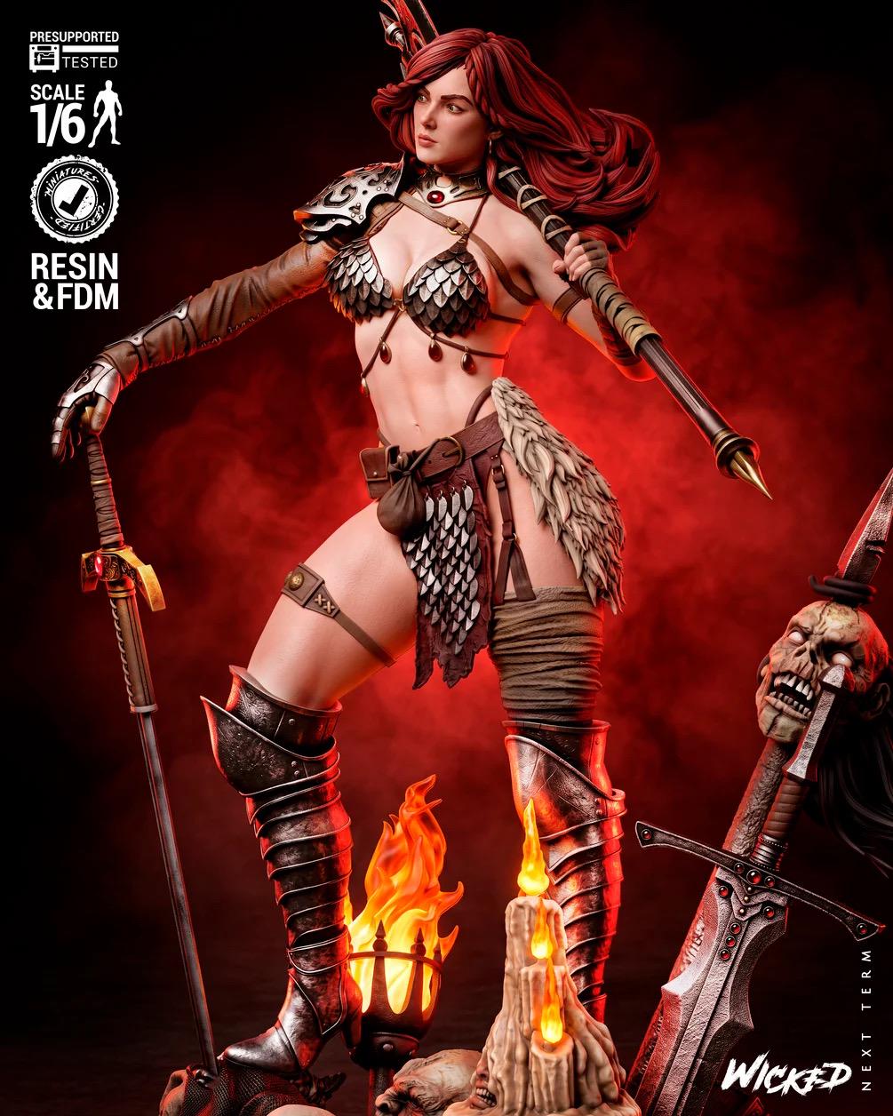 Crimson Steel - Fierce Barbarian Warrior Red Sonja Resin Figure 16K