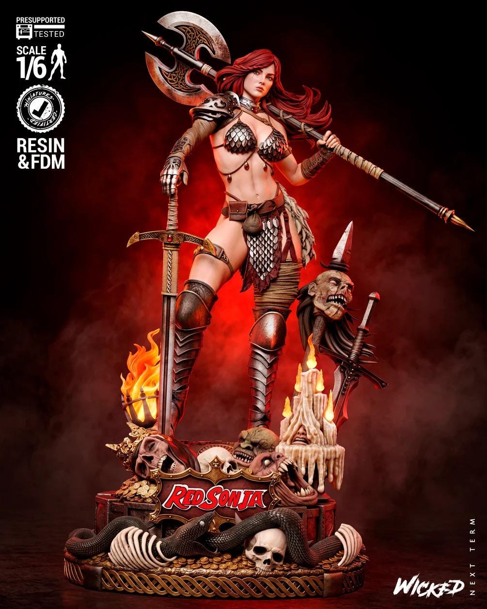Crimson Steel - Fierce Barbarian Warrior Red Sonja Resin Figure 16K