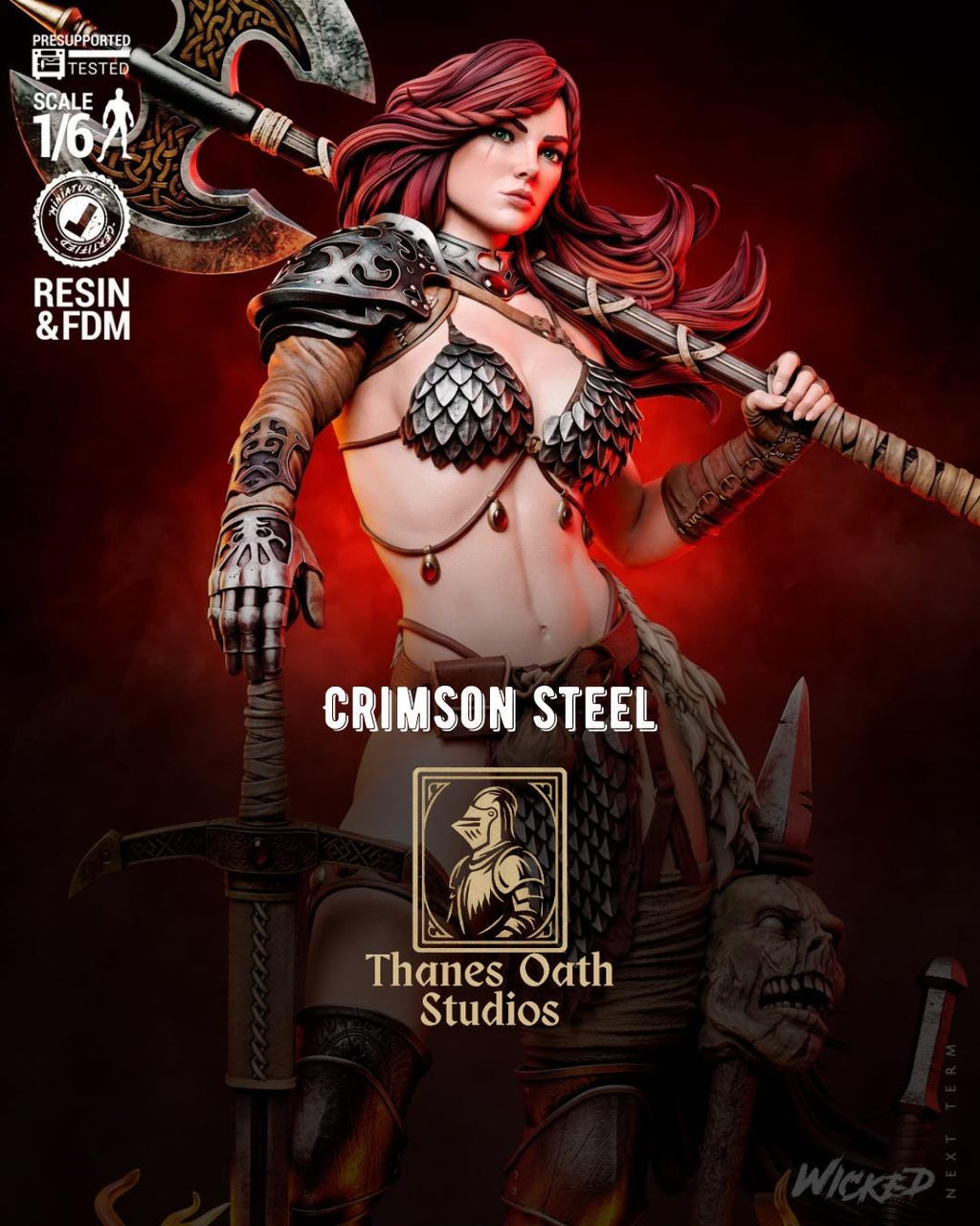 Crimson Steel - Fierce Barbarian Warrior Red Sonja Resin Figure 16K