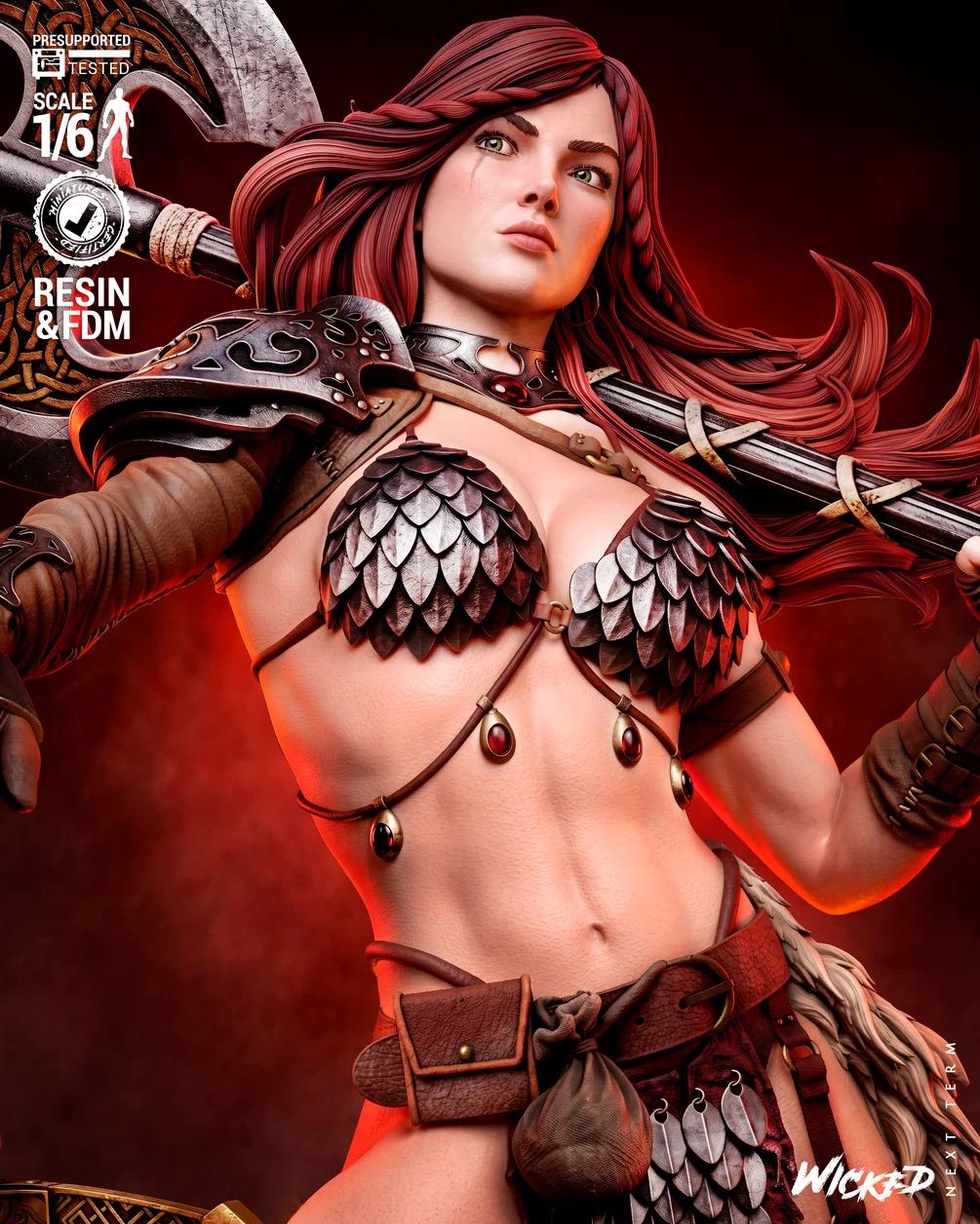 Crimson Steel - Fierce Barbarian Warrior Red Sonja Resin Figure 16K